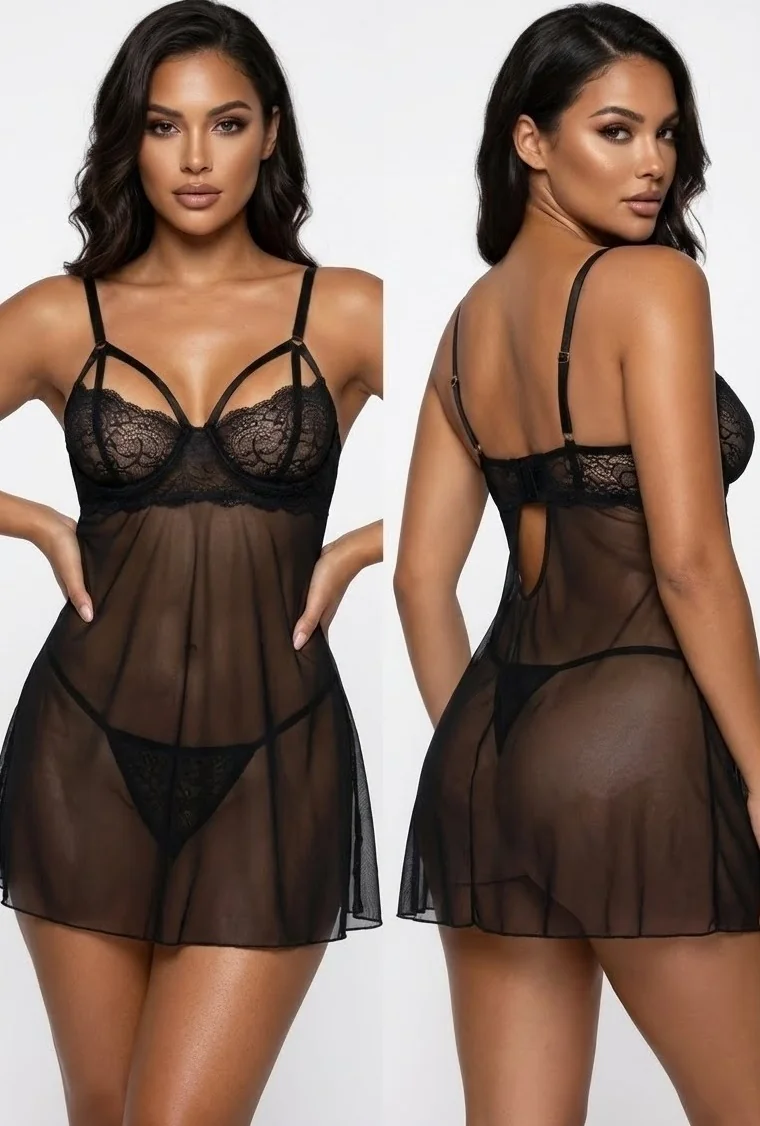 LunaIntim Balenli ve Destekli Dantel Babydoll Göğüs Dekolteli Siyah Tül Takım - Model Üzerinde